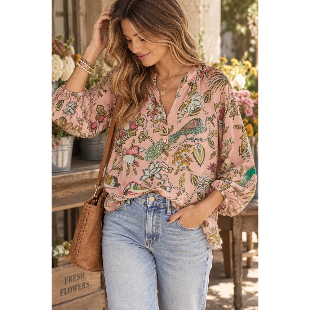 Spartina 449 Silk Blouse M Pink Botanical Bird Print Cottagecore Boho Romantic